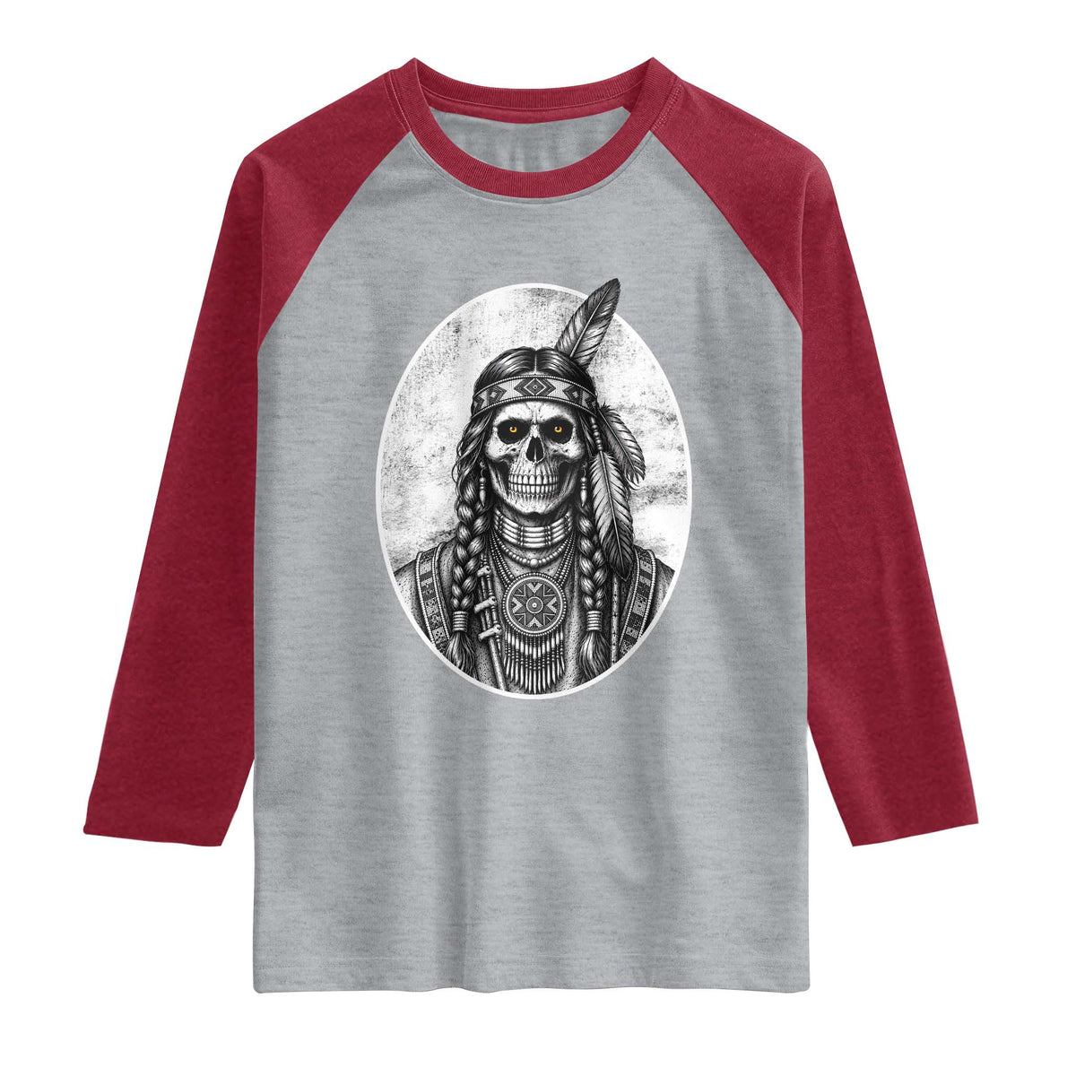 Vintage Gothic Skull Warrior Raglan Shirt Native American Feather Chief