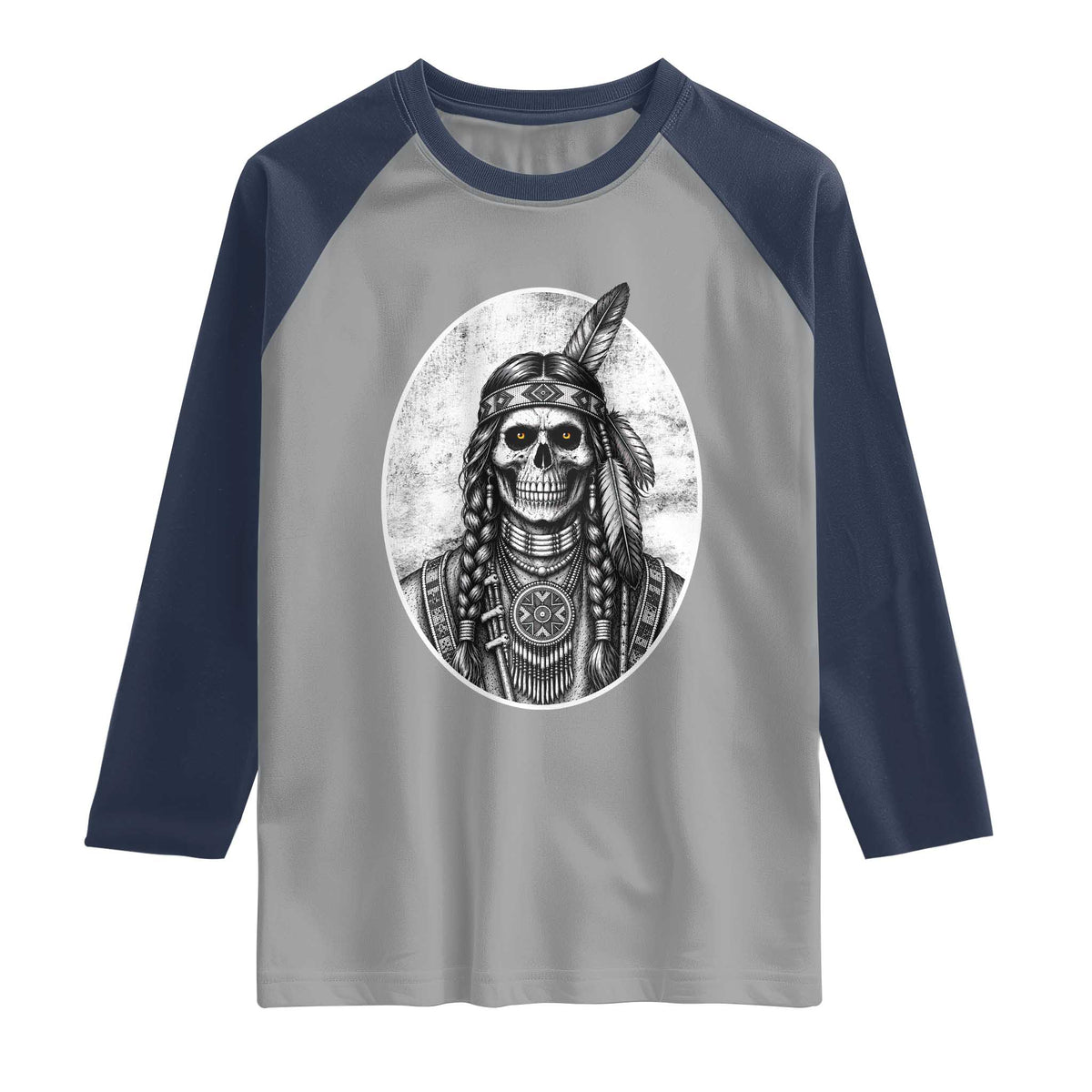 Vintage Gothic Skull Warrior Raglan Shirt Native American Feather Chief