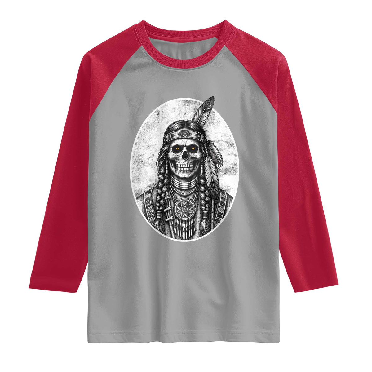 Vintage Gothic Skull Warrior Raglan Shirt Native American Feather Chief