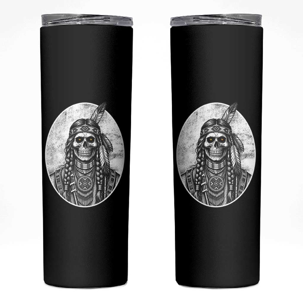 Vintage Gothic Skull Warrior Skinny Tumbler Native American Feather Chief