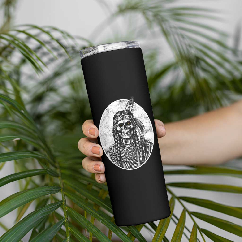 Vintage Gothic Skull Warrior Skinny Tumbler Native American Feather Chief