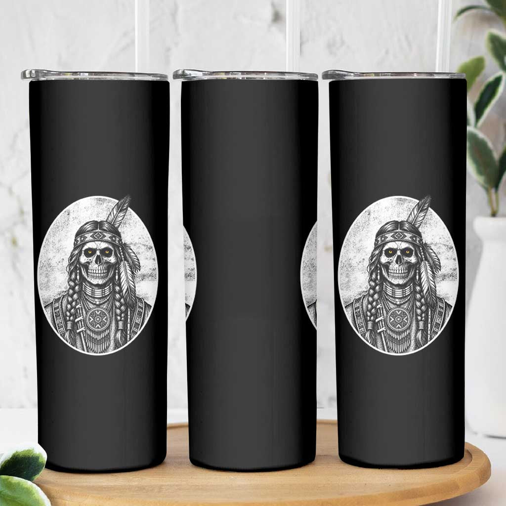 Vintage Gothic Skull Warrior Skinny Tumbler Native American Feather Chief