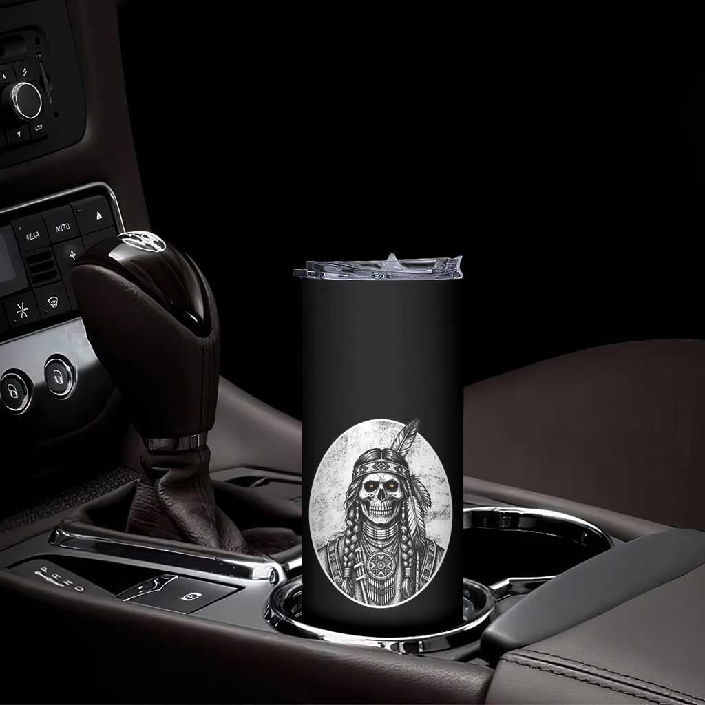 Vintage Gothic Skull Warrior Skinny Tumbler Native American Feather Chief
