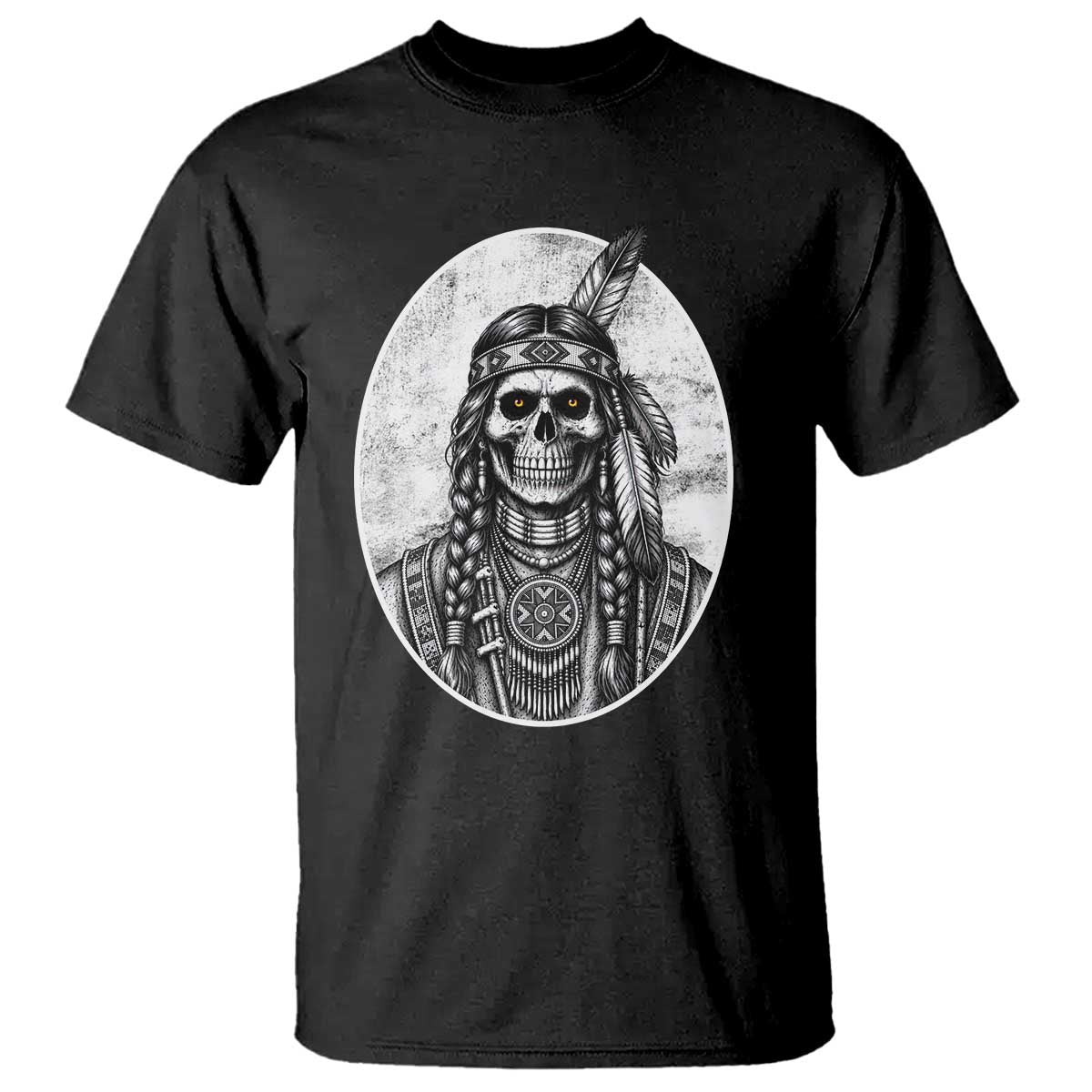 Vintage Gothic Skull Warrior T Shirt Native American Feather Chief