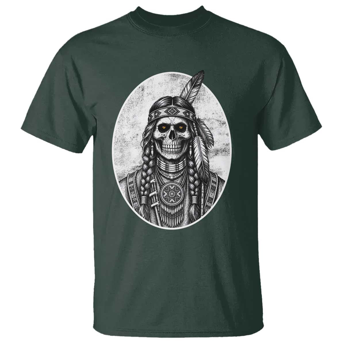 Vintage Gothic Skull Warrior T Shirt Native American Feather Chief