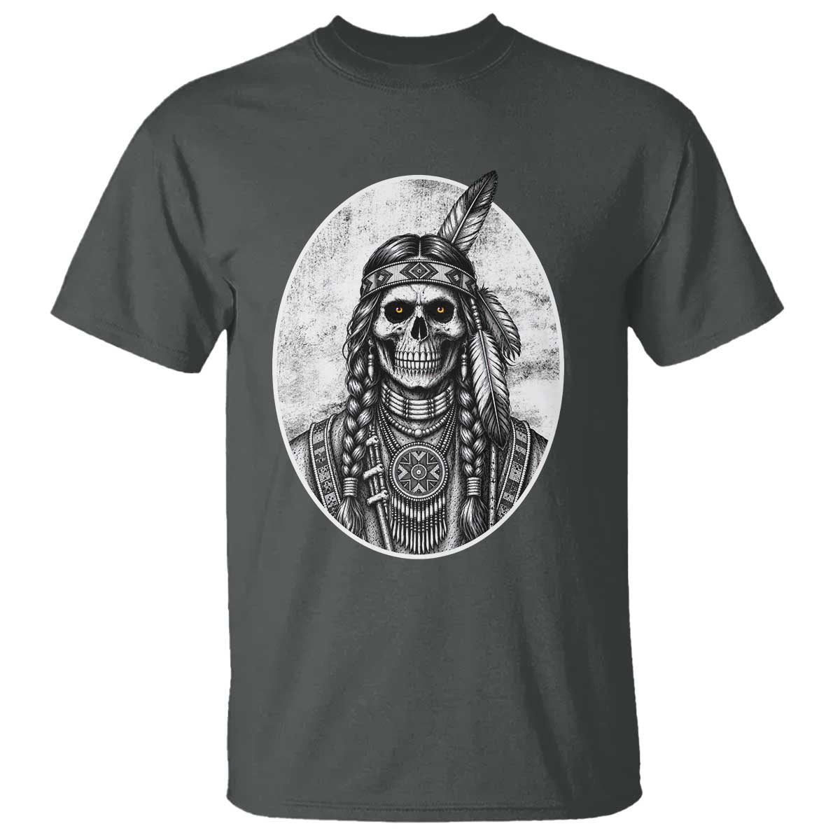 Vintage Gothic Skull Warrior T Shirt Native American Feather Chief