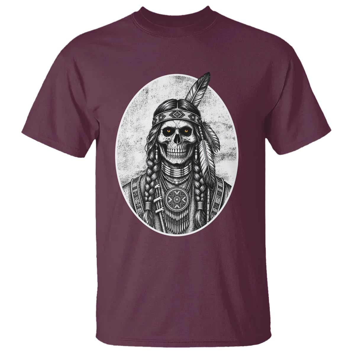Vintage Gothic Skull Warrior T Shirt Native American Feather Chief