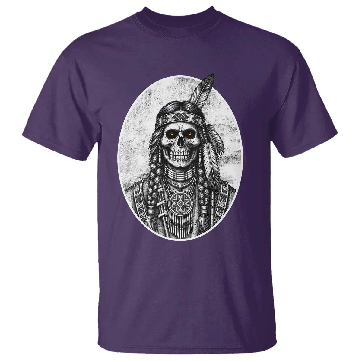 Vintage Gothic Skull Warrior T Shirt Native American Feather Chief