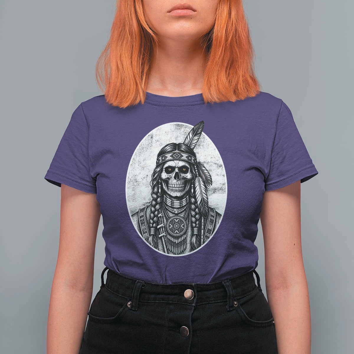 Vintage Gothic Skull Warrior T Shirt For Women Native American Feather Chief