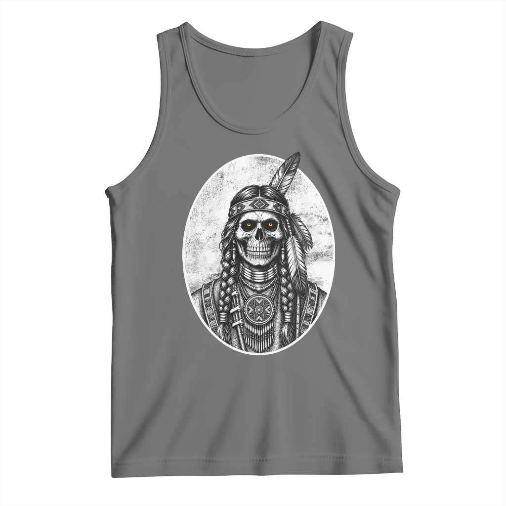 Vintage Gothic Skull Warrior Tank Top Native American Feather Chief