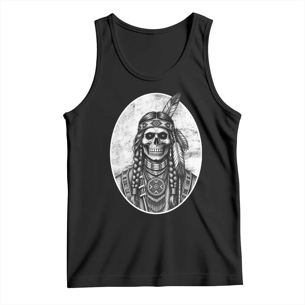 Vintage Gothic Skull Warrior Tank Top Native American Feather Chief