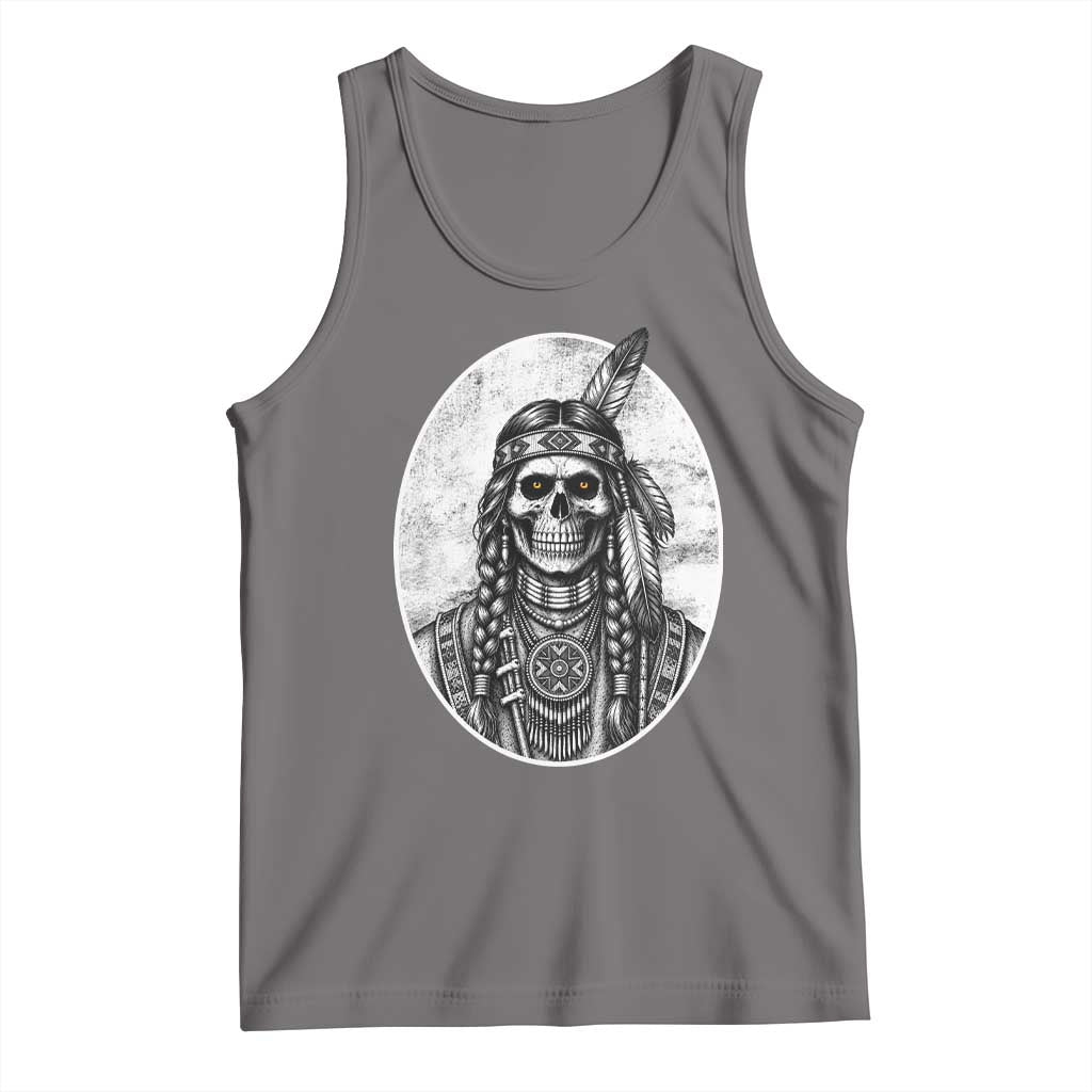 Vintage Gothic Skull Warrior Tank Top Native American Feather Chief