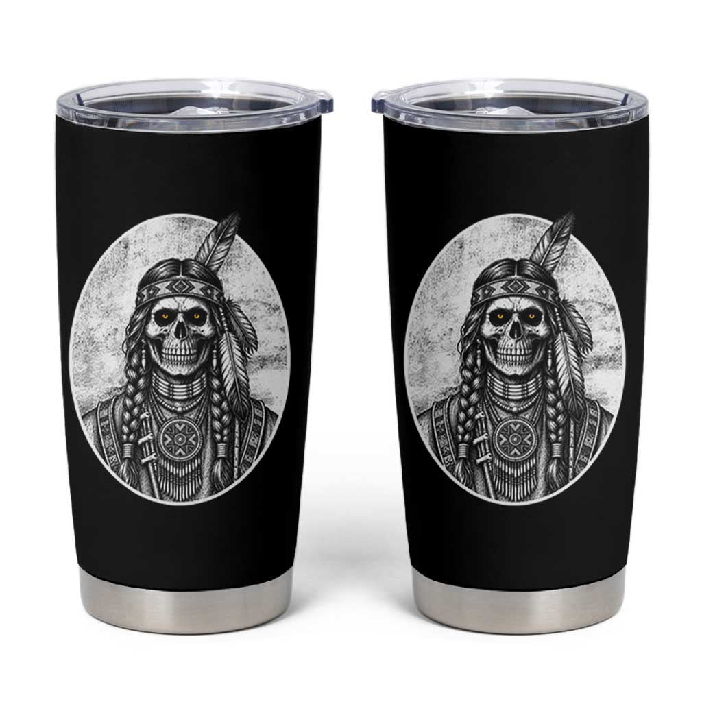Vintage Gothic Skull Warrior Tumbler Cup Native American Feather Chief