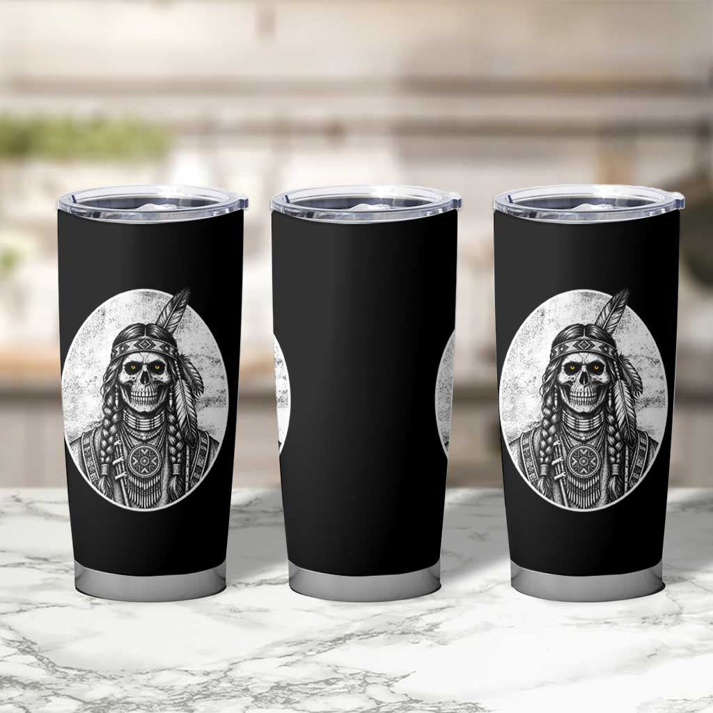 Vintage Gothic Skull Warrior Tumbler Cup Native American Feather Chief