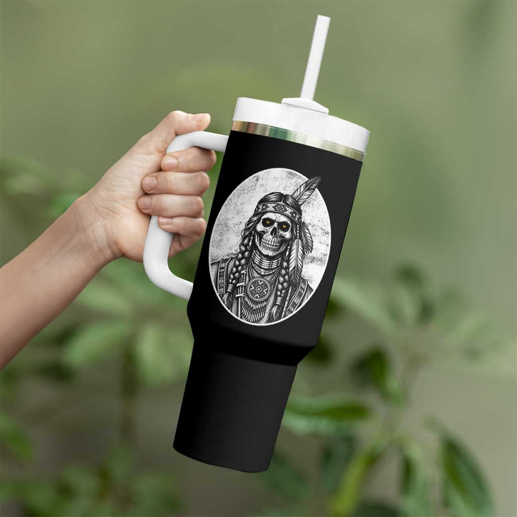 Vintage Gothic Skull Warrior Tumbler With Handle Native American Feather Chief