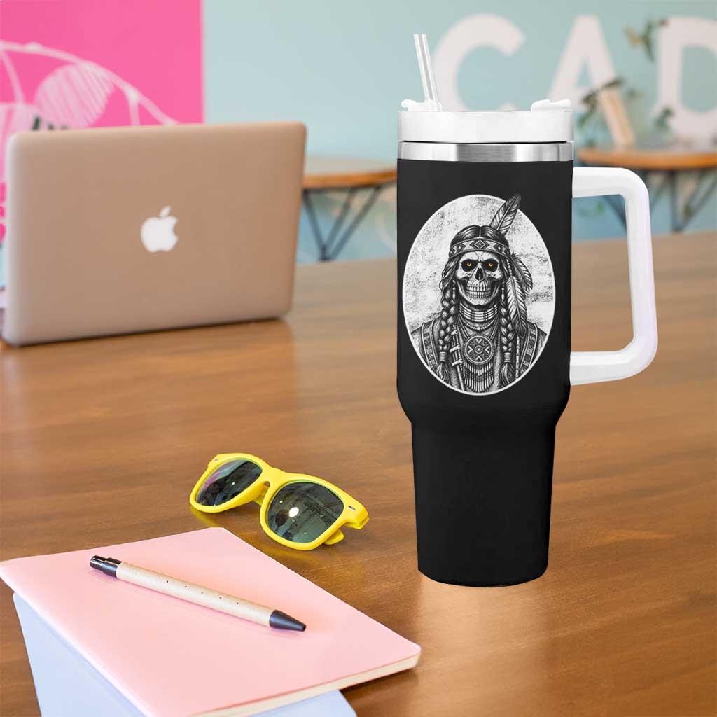 Vintage Gothic Skull Warrior Tumbler With Handle Native American Feather Chief