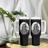 Vintage Gothic Skull Warrior Tumbler With Handle Native American Feather Chief