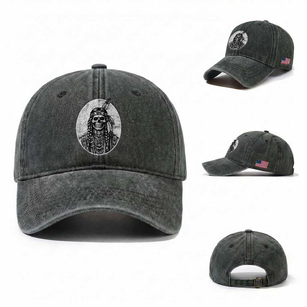 Vintage Gothic Skull Warrior Washed Cotton Baseball Cap Native American Feather Chief