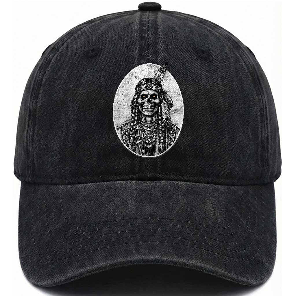 Vintage Gothic Skull Warrior Washed Cotton Baseball Cap Native American Feather Chief