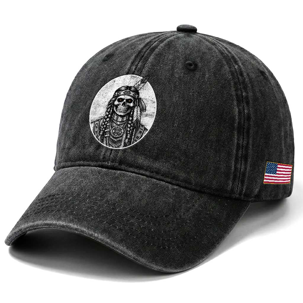 Vintage Gothic Skull Warrior Washed Cotton Baseball Cap Native American Feather Chief