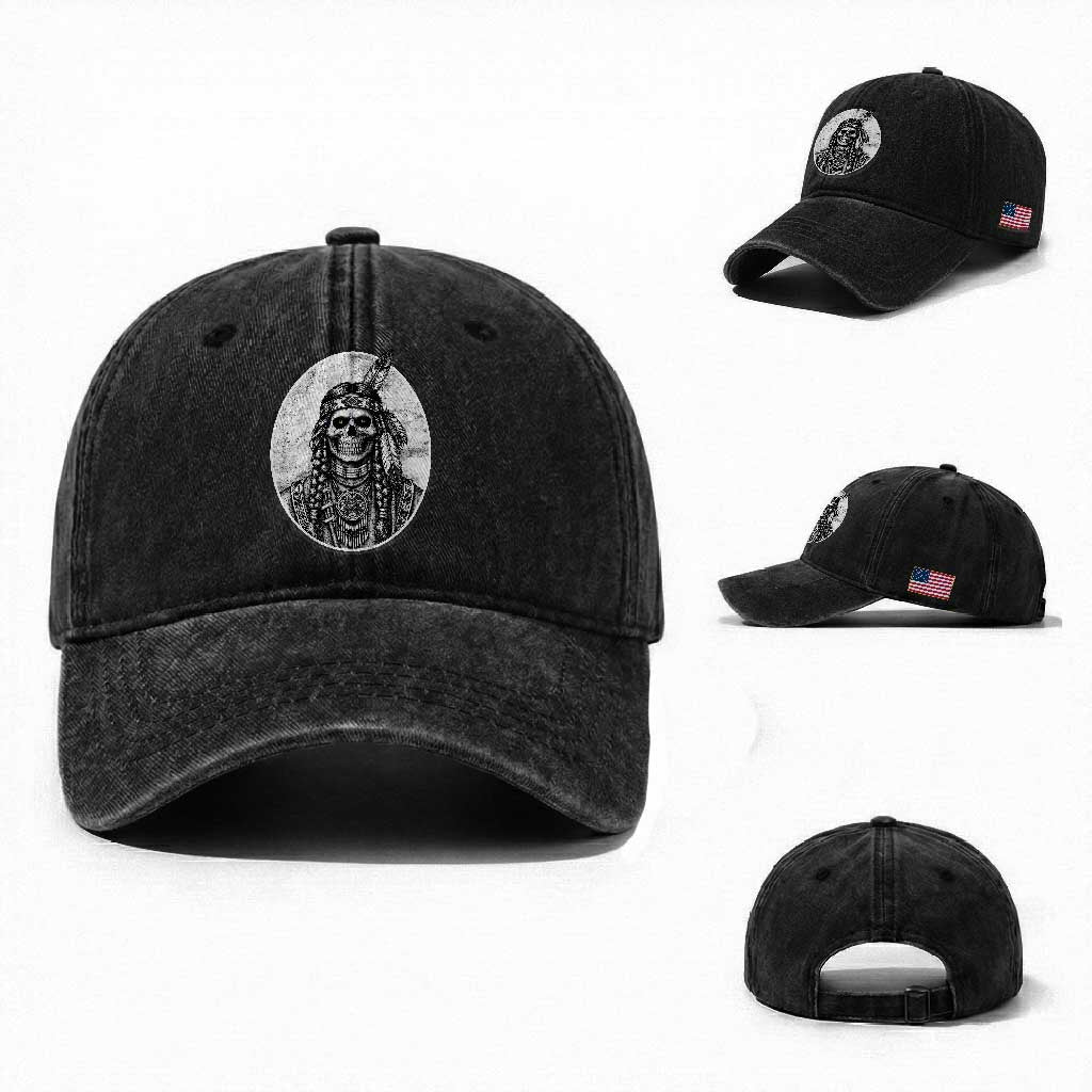 Vintage Gothic Skull Warrior Washed Cotton Baseball Cap Native American Feather Chief