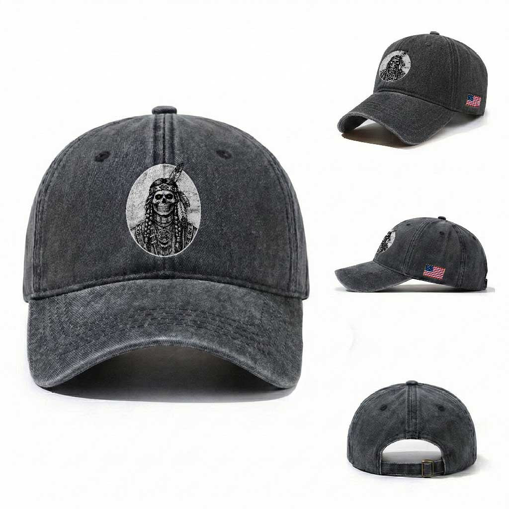 Vintage Gothic Skull Warrior Washed Cotton Baseball Cap Native American Feather Chief