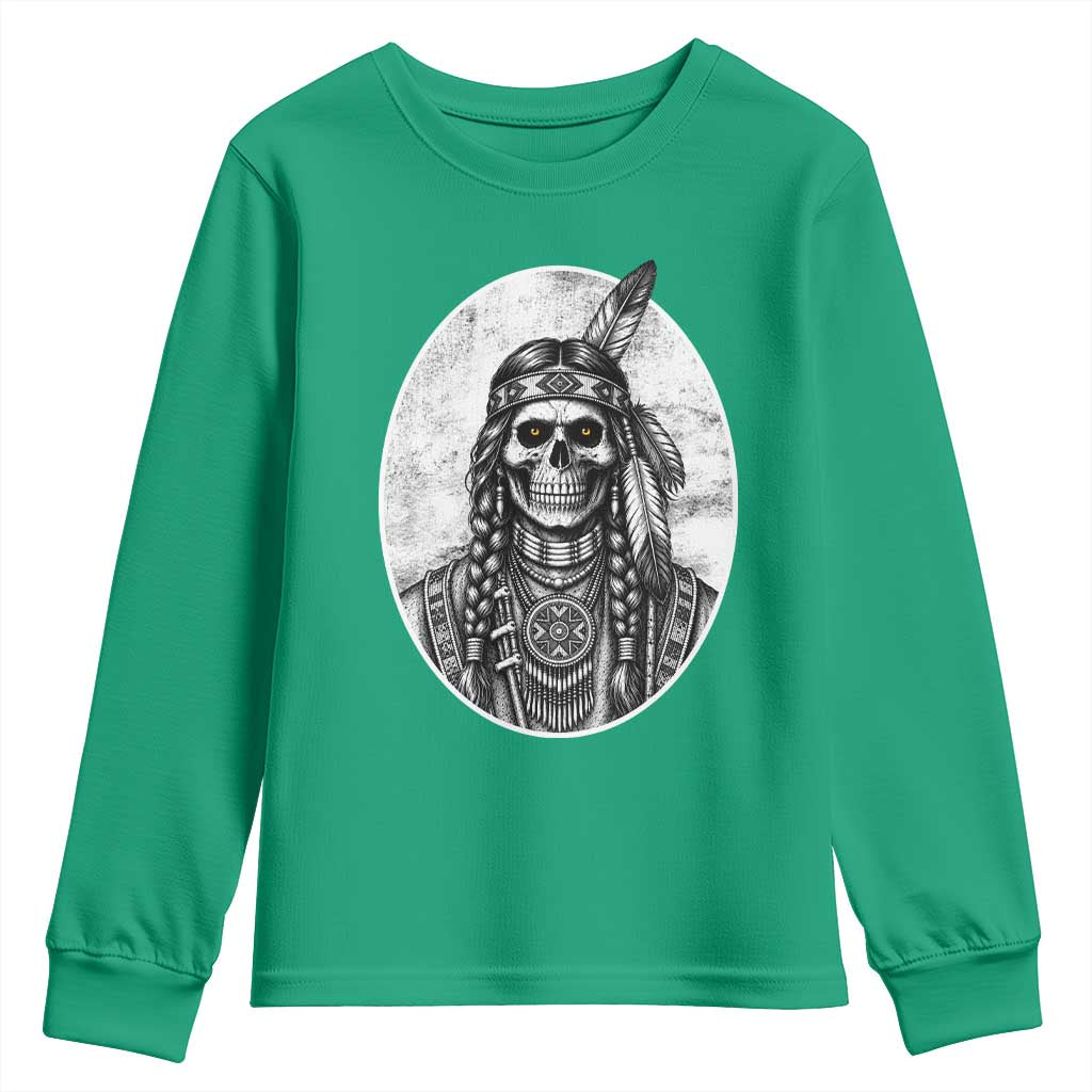 Vintage Gothic Skull Warrior Youth Sweatshirt Native American Feather Chief