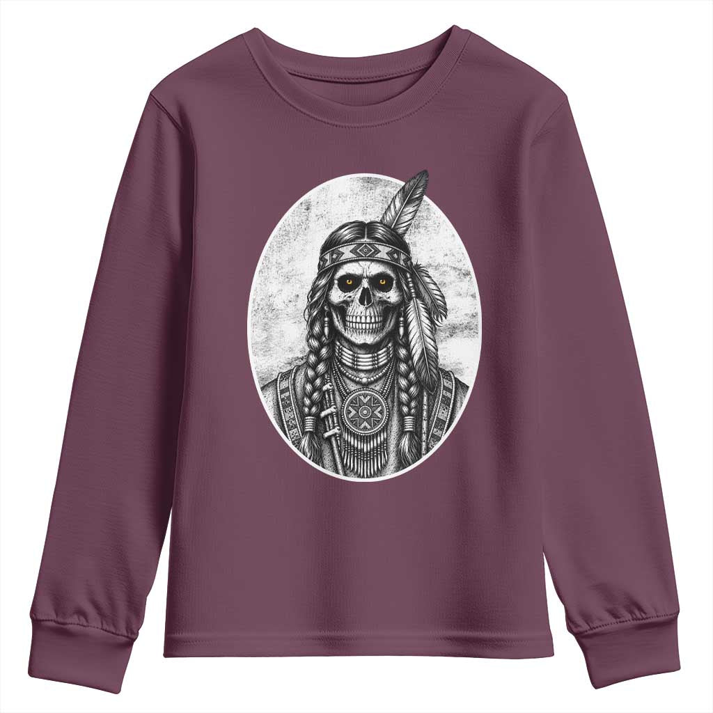 Vintage Gothic Skull Warrior Youth Sweatshirt Native American Feather Chief