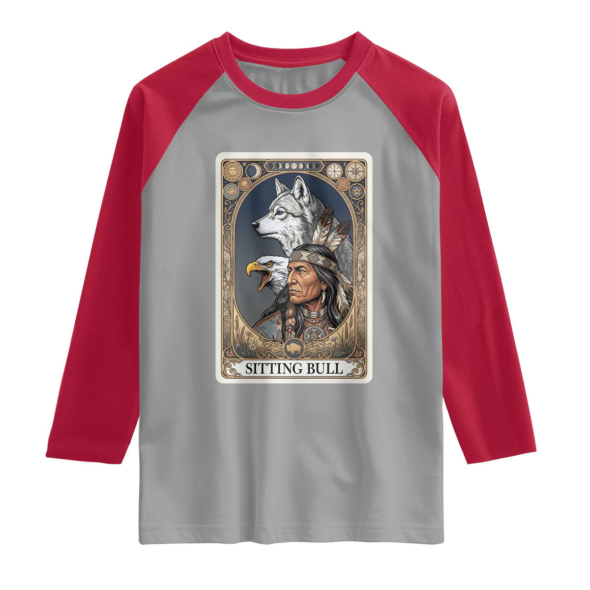 Sitting Bull Native American Chief Raglan Shirt Vintage Tarot Card Illustration