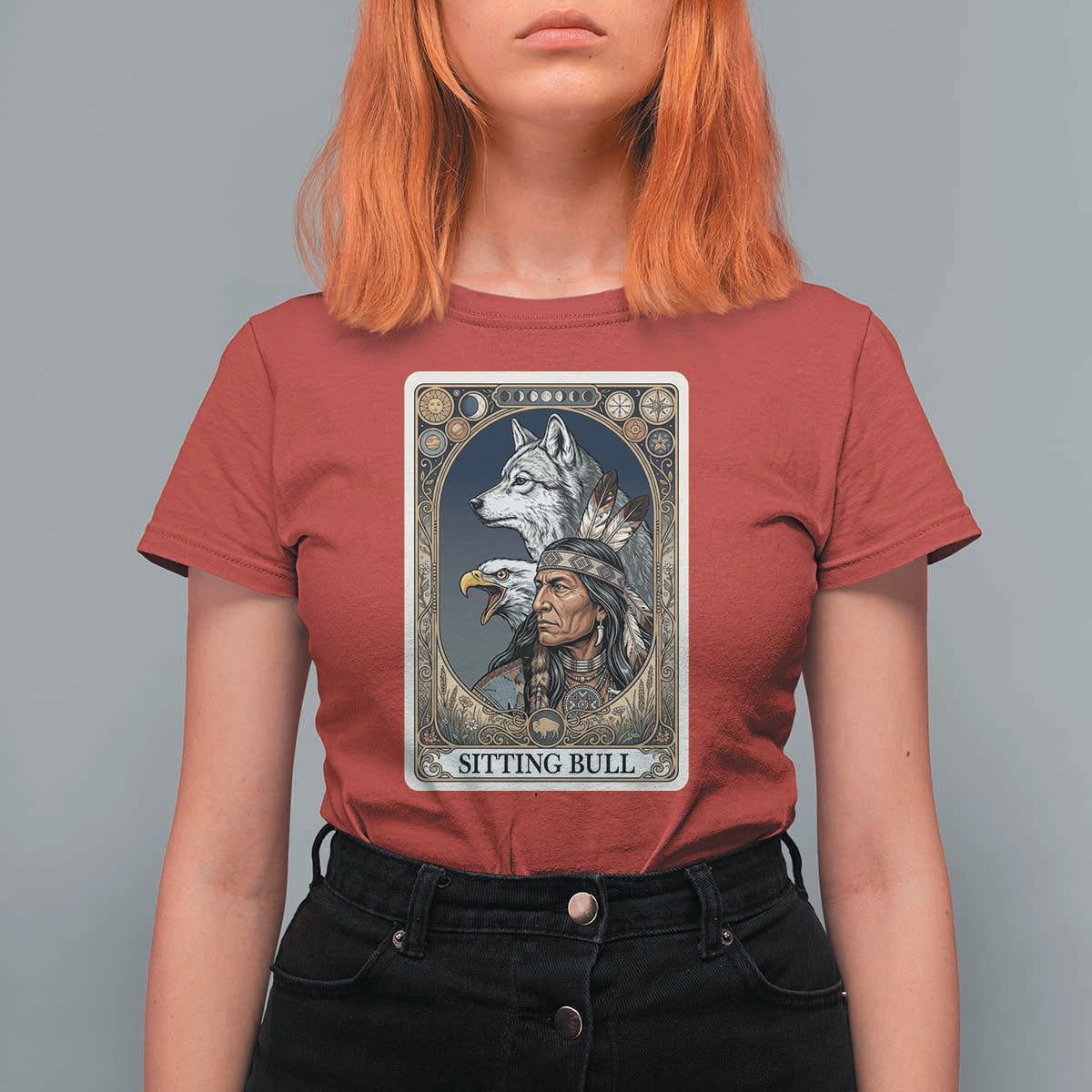 Sitting Bull Native American Chief T Shirt For Women Vintage Tarot Card Illustration