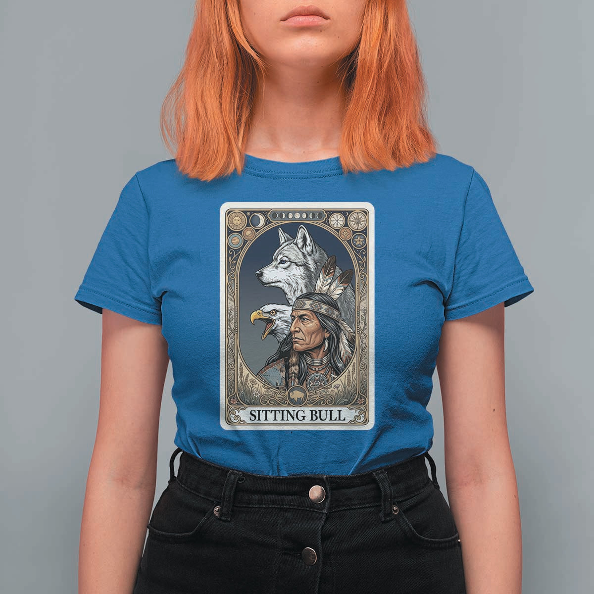 Sitting Bull Native American Chief T Shirt For Women Vintage Tarot Card Illustration