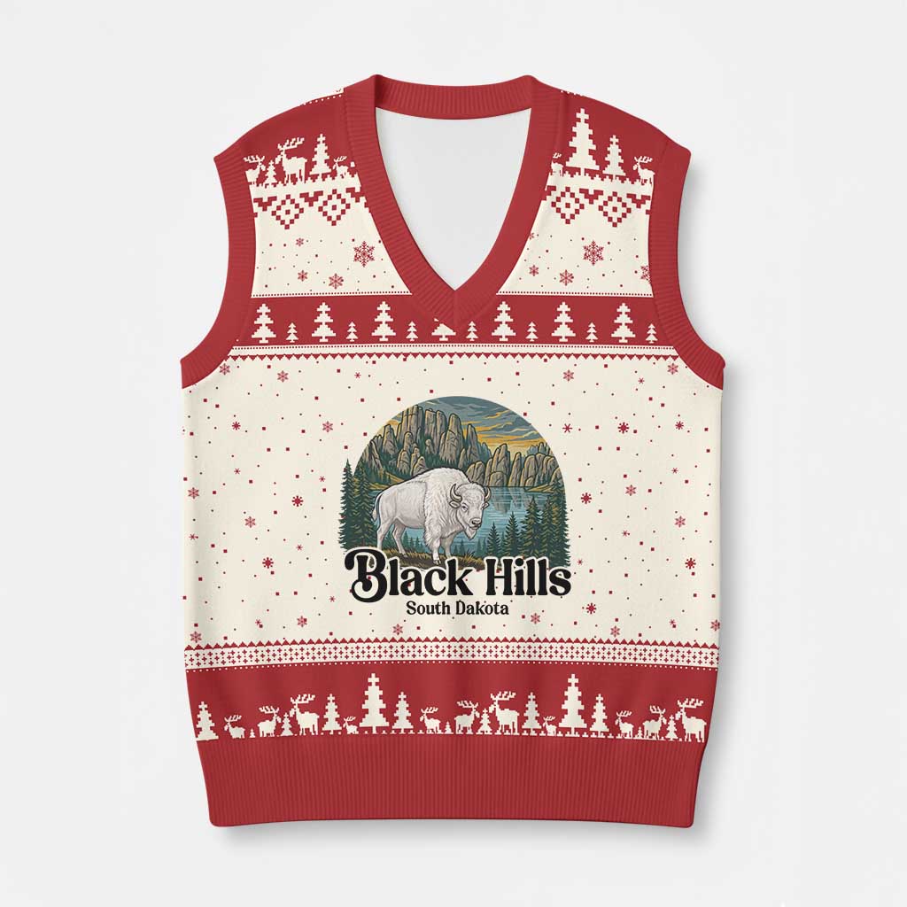 Black Hills South Dakota White Buffalo V-Neck Knit Sweater Vest State Pride Gift