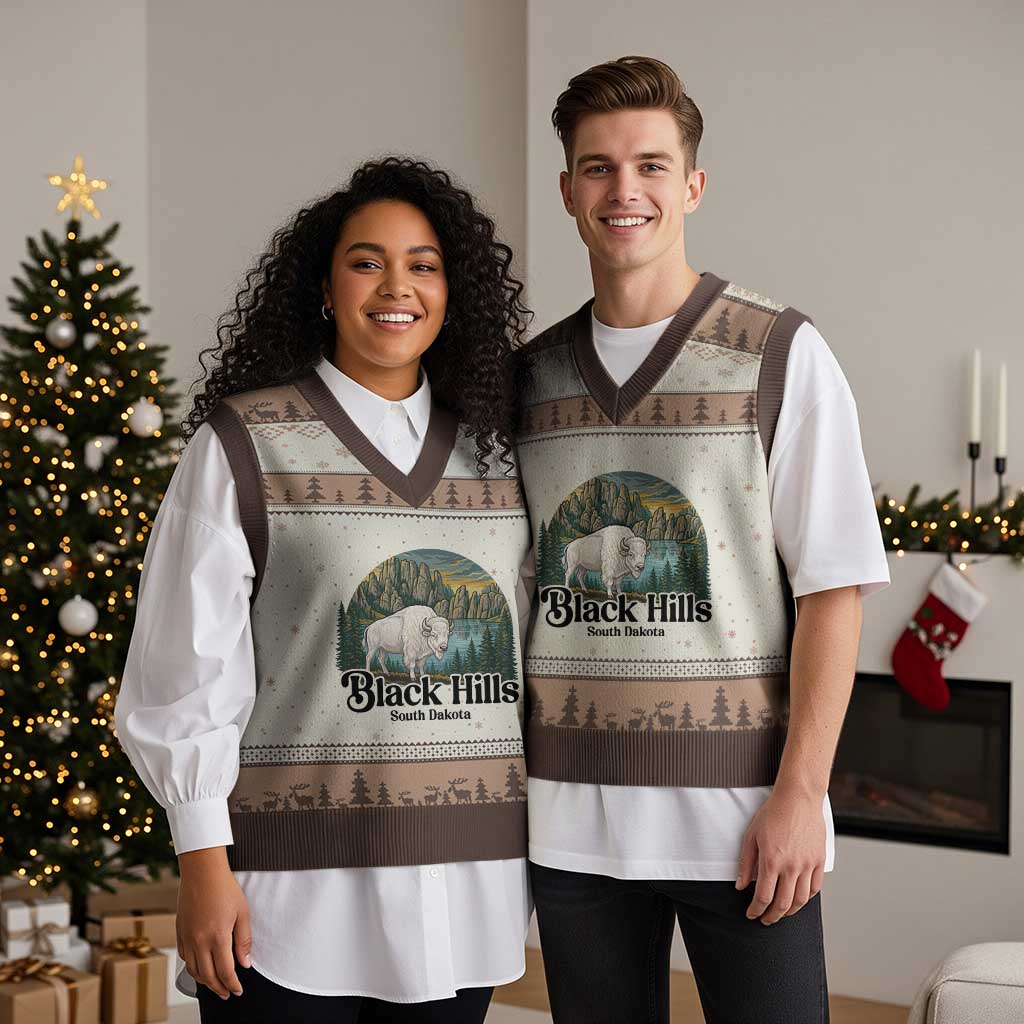 Black Hills South Dakota White Buffalo V-Neck Knit Sweater Vest State Pride Gift