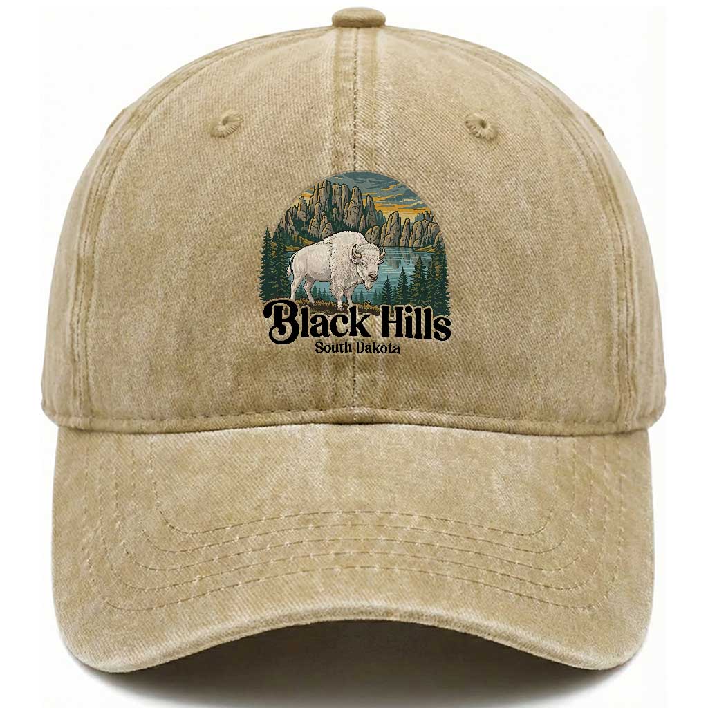Black Hills South Dakota White Buffalo Washed Cotton Baseball Cap State Pride Gift