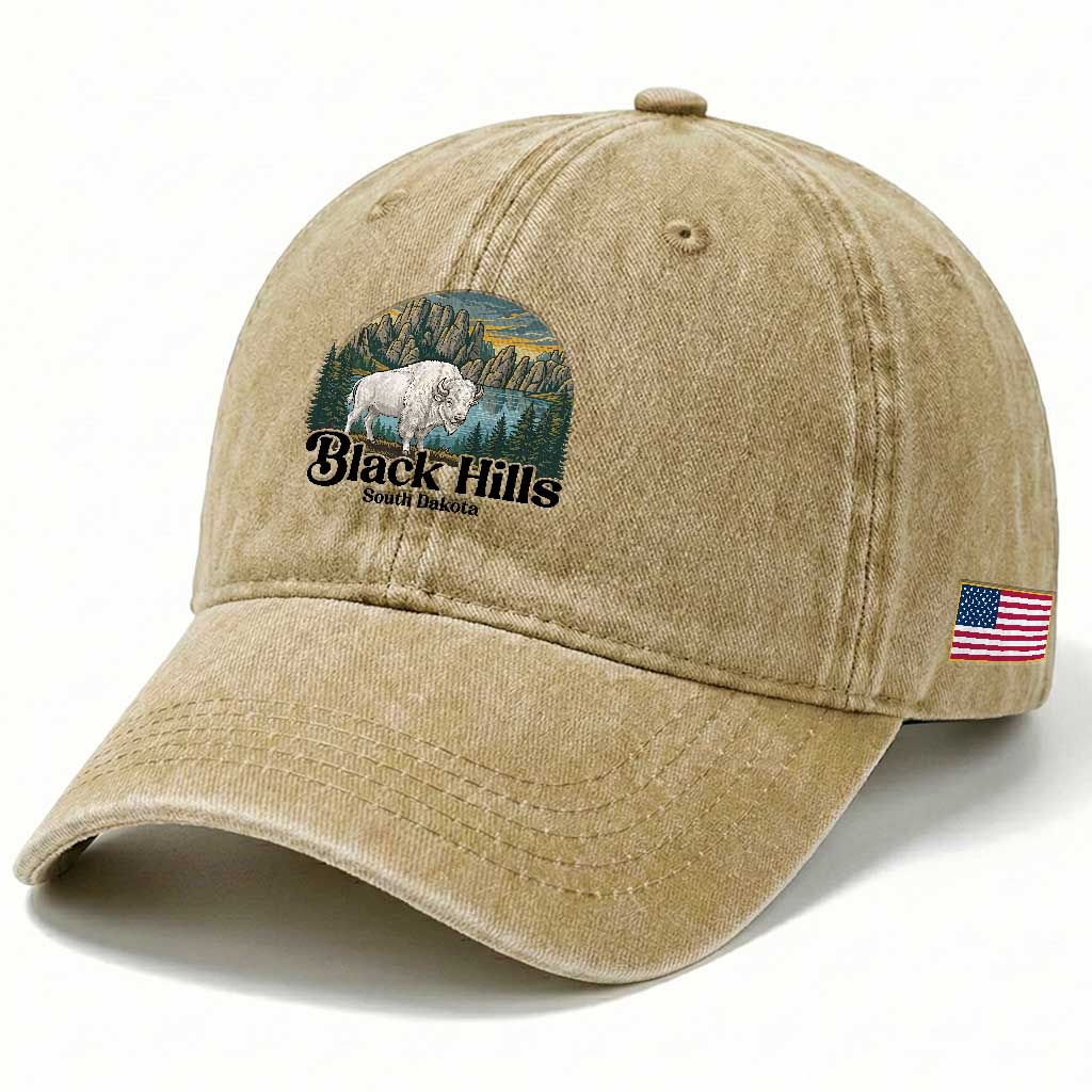 Black Hills South Dakota White Buffalo Washed Cotton Baseball Cap State Pride Gift