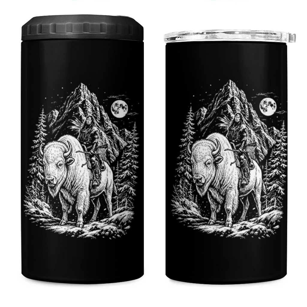 Vintage Native American Bison Rider 4 in 1 Can Cooler Tumbler Indigenous Warrior Graphic