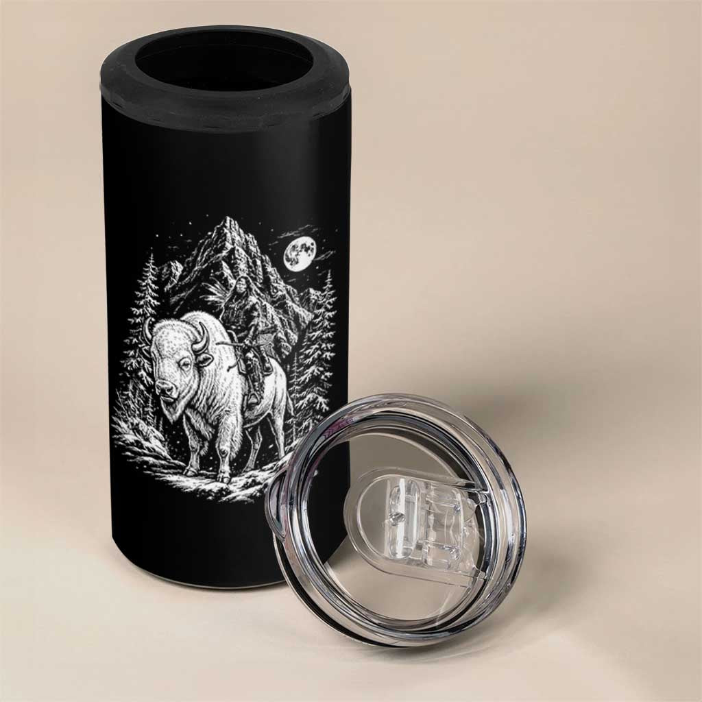 Vintage Native American Bison Rider 4 in 1 Can Cooler Tumbler Indigenous Warrior Graphic