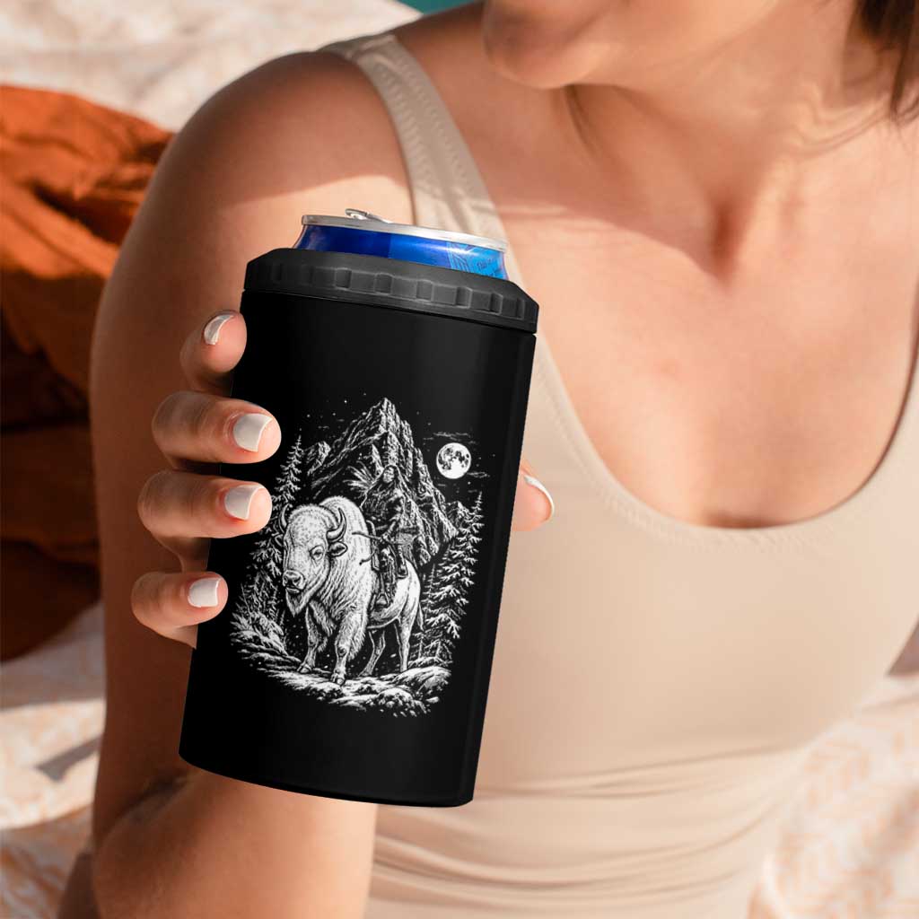 Vintage Native American Bison Rider 4 in 1 Can Cooler Tumbler Indigenous Warrior Graphic