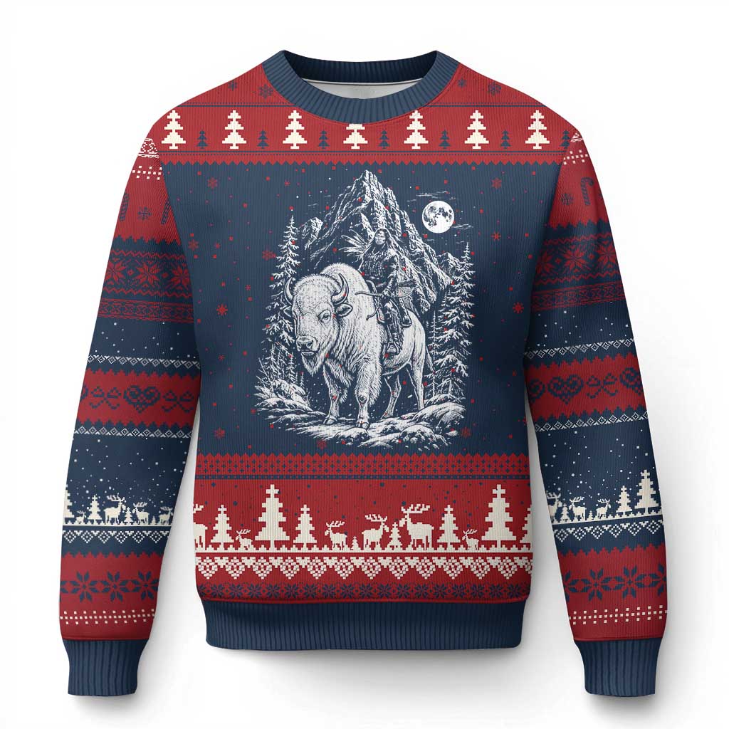 Vintage Native American Bison Rider Ugly Christmas Sweater Indigenous Warrior Graphic