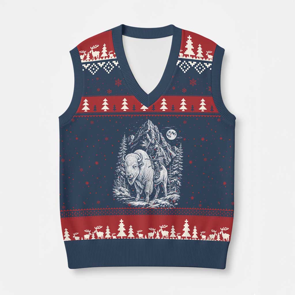 Vintage Native American Bison Rider V-Neck Knit Sweater Vest Indigenous Warrior Graphic