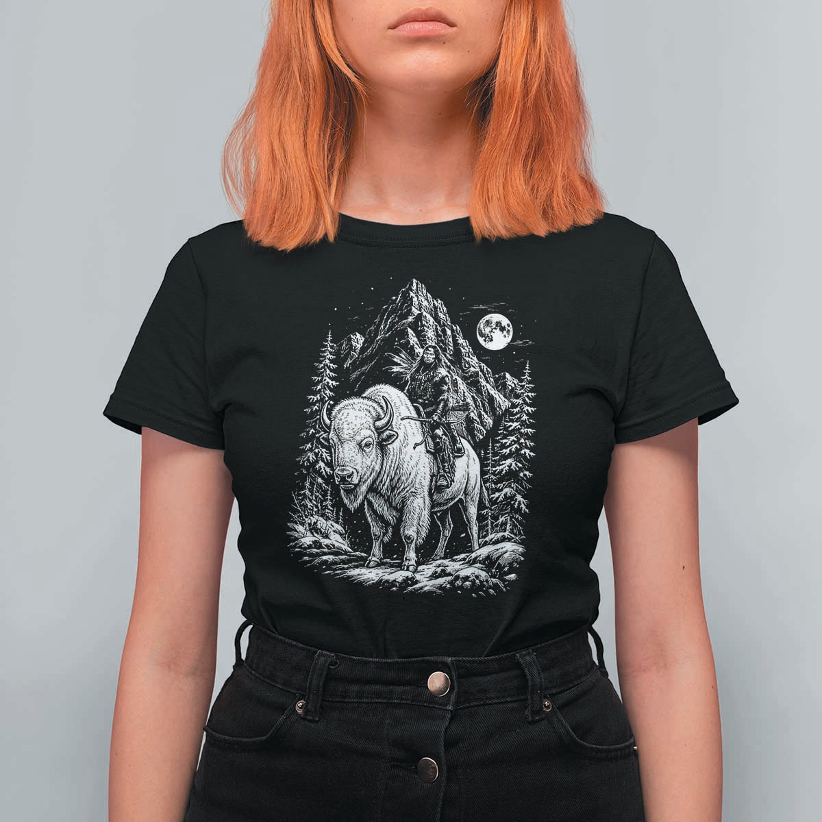 Vintage Native American Bison Rider T Shirt For Women Indigenous Warrior Graphic