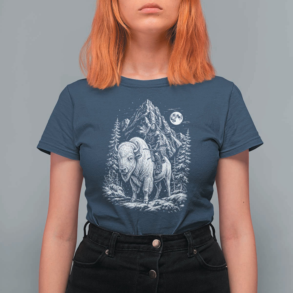 Vintage Native American Bison Rider T Shirt For Women Indigenous Warrior Graphic