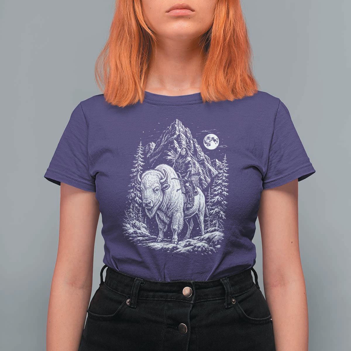 Vintage Native American Bison Rider T Shirt For Women Indigenous Warrior Graphic