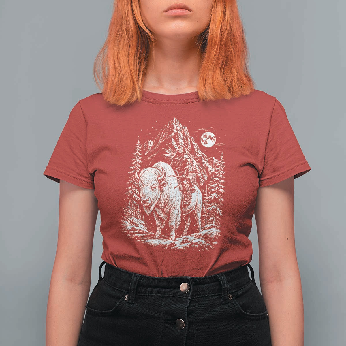 Vintage Native American Bison Rider T Shirt For Women Indigenous Warrior Graphic