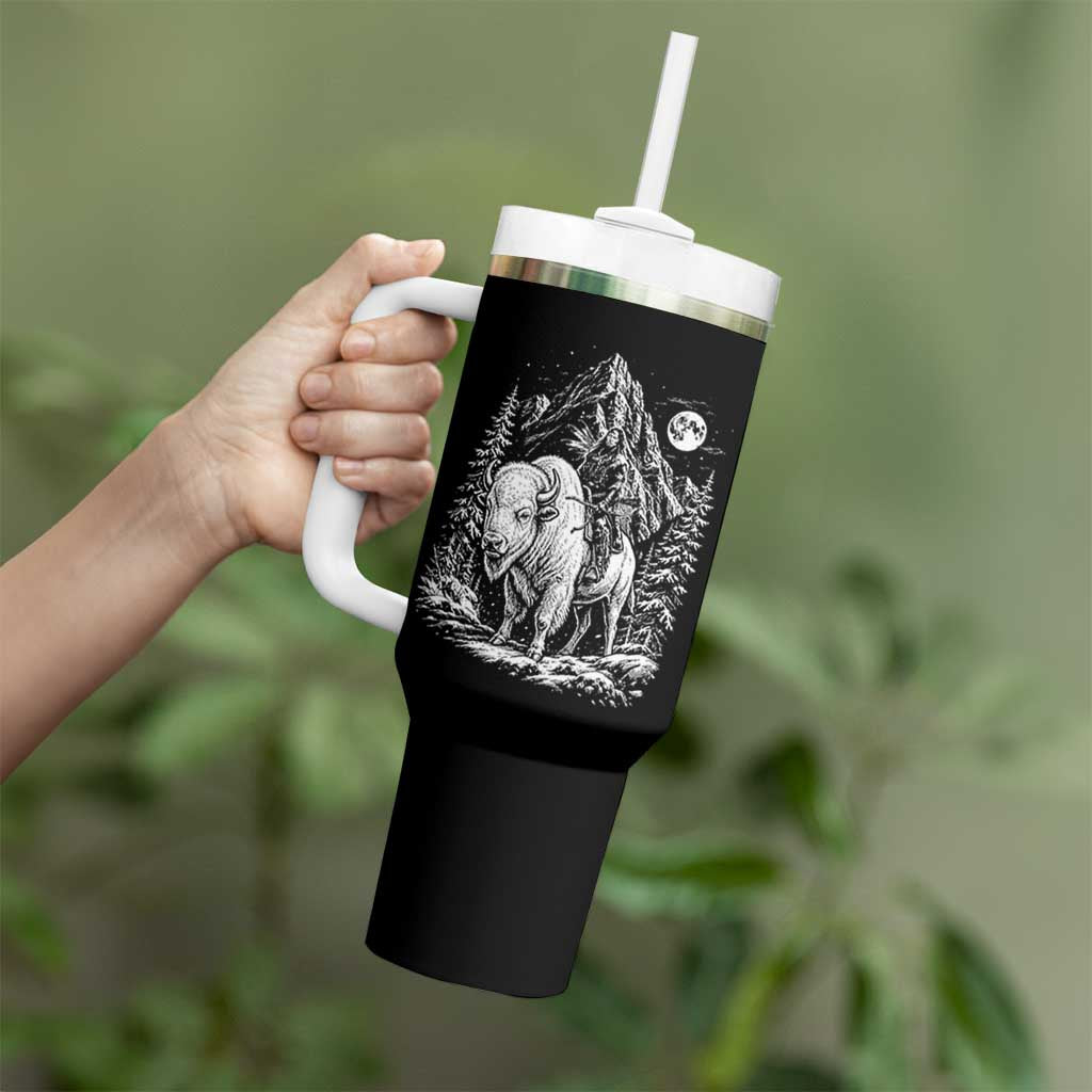 Vintage Native American Bison Rider Tumbler With Handle Indigenous Warrior Graphic