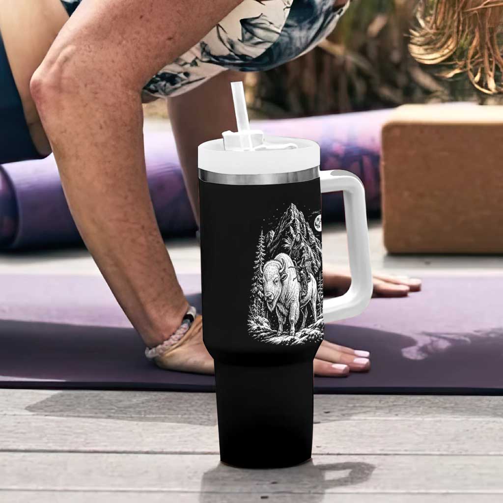 Vintage Native American Bison Rider Tumbler With Handle Indigenous Warrior Graphic