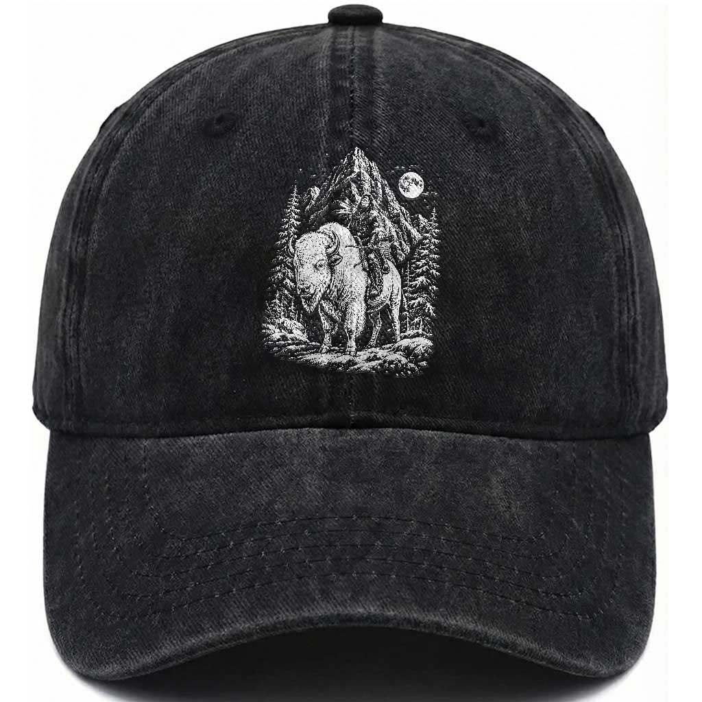 Vintage Native American Bison Rider Washed Cotton Baseball Cap Indigenous Warrior Graphic