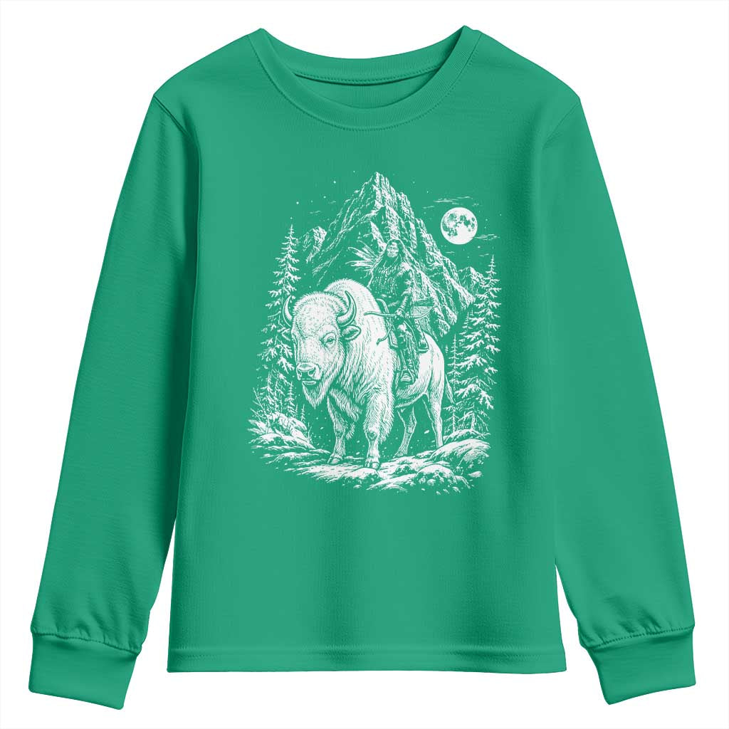 Vintage Native American Bison Rider Youth Sweatshirt Indigenous Warrior Graphic