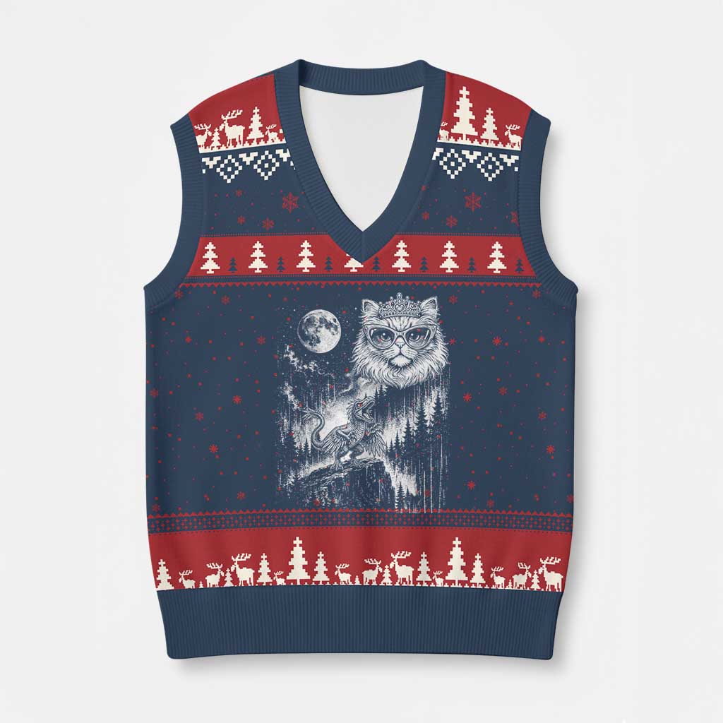 Vintage Geek Princess Cat V-Neck Knit Sweater Vest Full Moon Engraving Art Gift