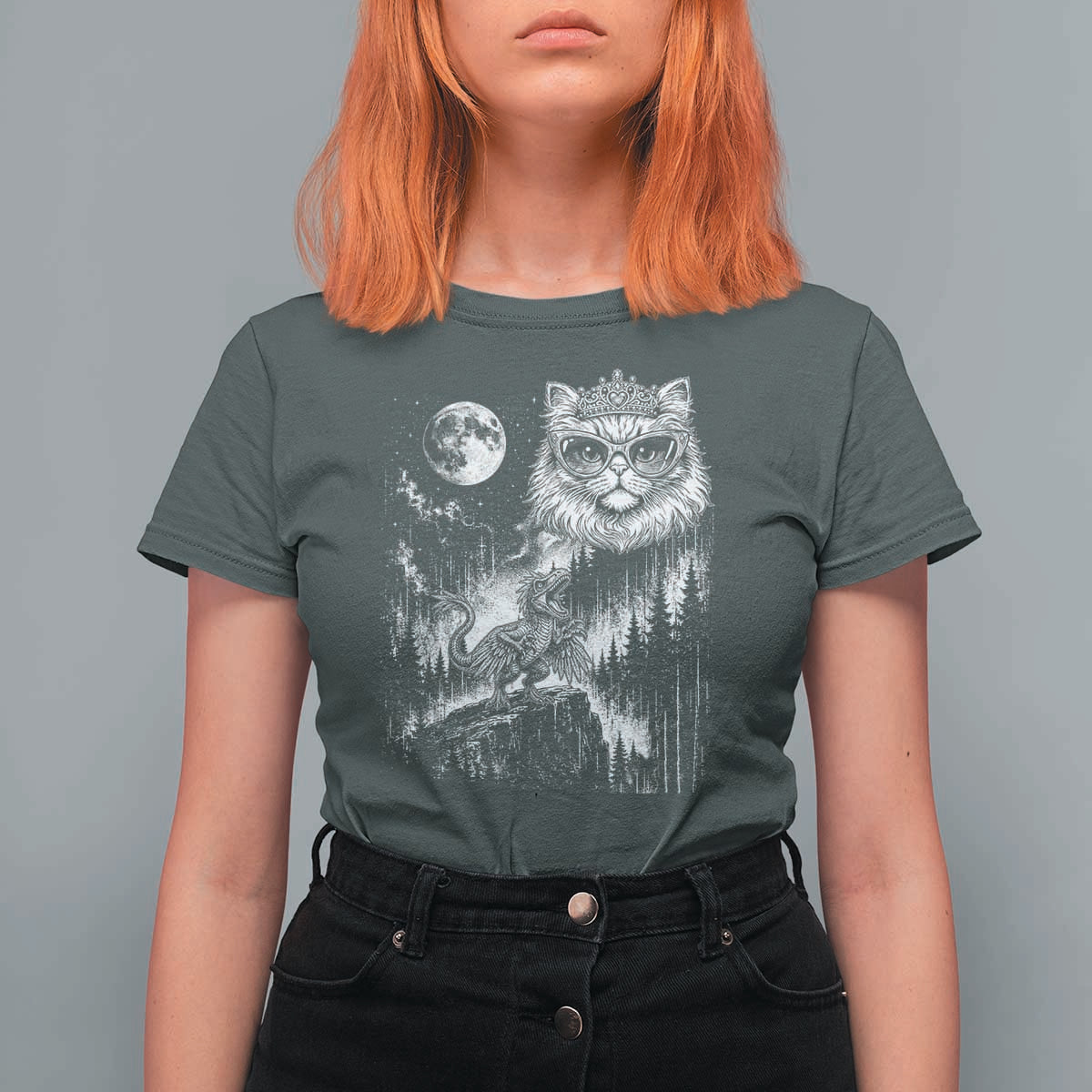 Vintage Geek Princess Cat T Shirt For Women Full Moon Engraving Art Gift